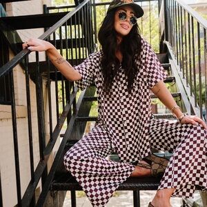 Lala Dream So Big Satin Set in Brown Cream Check